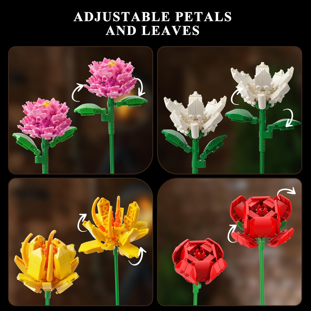 Flower Bouquet Building Set, Valentines Day Botanical Building Block Toy 1464 PCS, 18 Flowers Rose Sunflower Home Plant Decor, Birthday Gifts For Adults Women Boys Girls