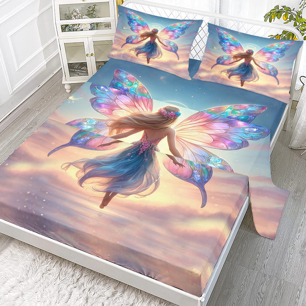Rainbow Girly 4 Piece Flat Sheets Set, Butterfly Bed Set With 1 Fitted Sheet 1 Flat Sheet 2 Pillowcases, Rainbow