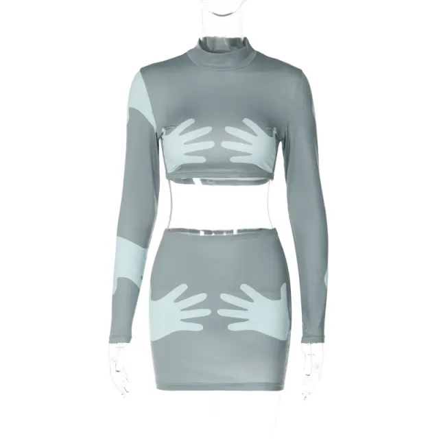 Fashion Print Crop Long Sleeve Top Slim Short Style Skirt Suit Green - Shop at LoveMi