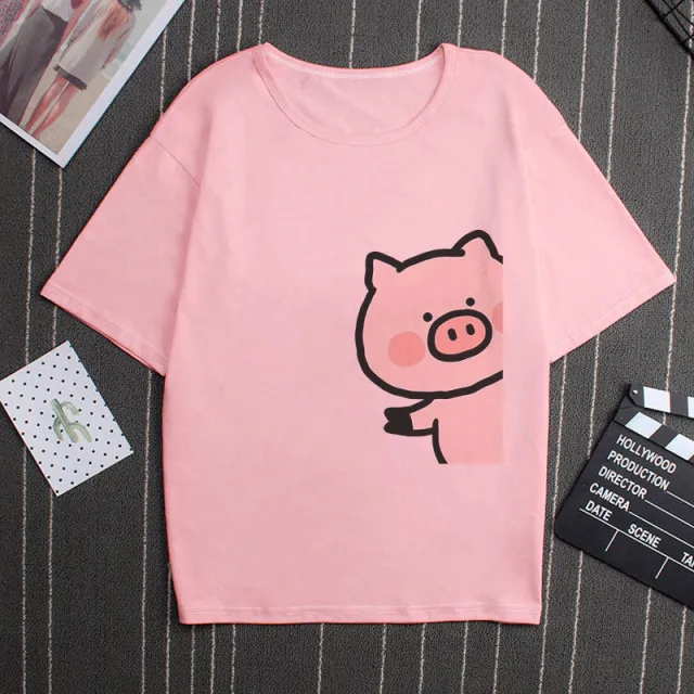 Casual Loose Animal Print Round Neck Short Sleeves Pink Pig - Shop at LoveMi