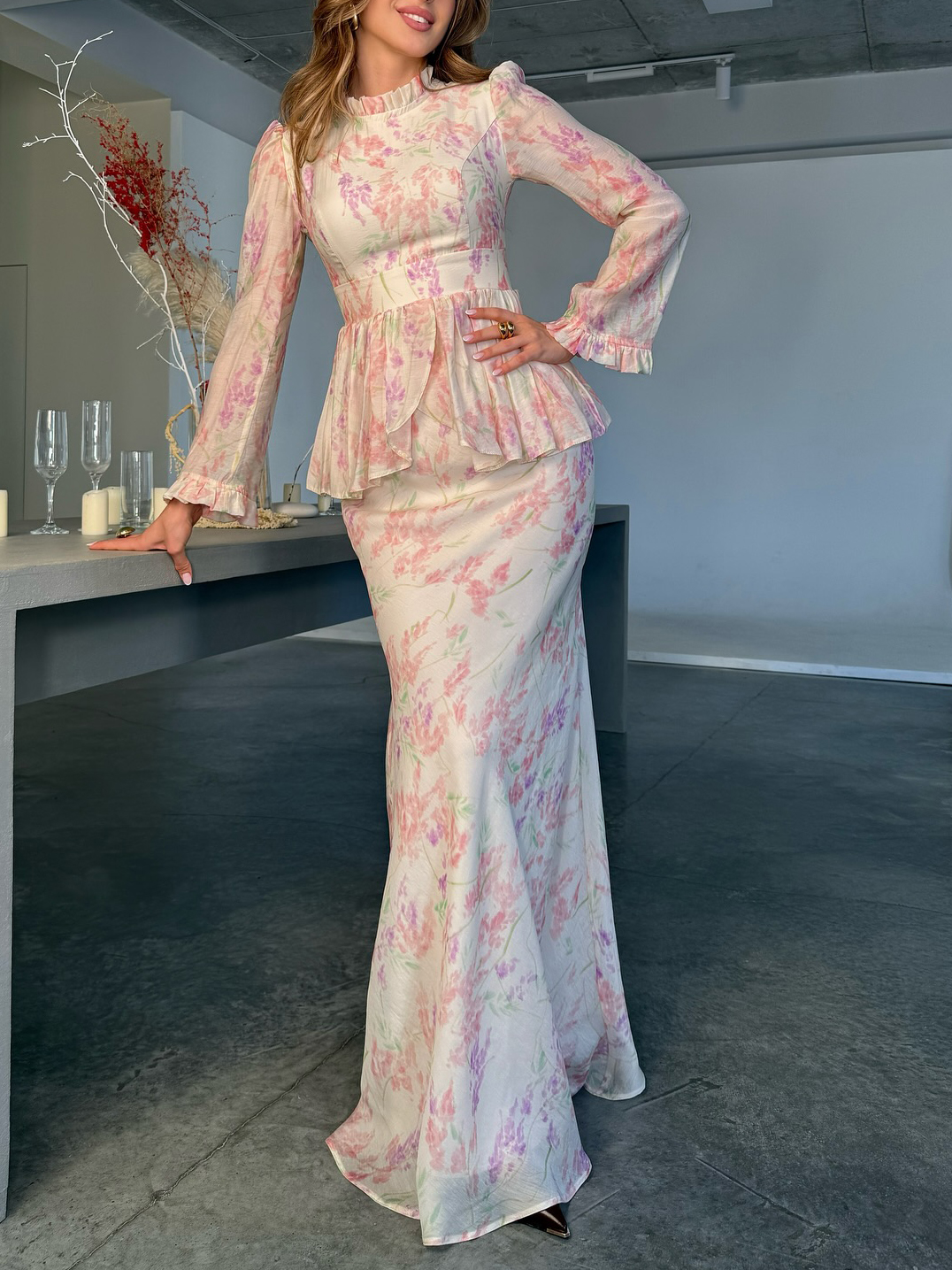 Floral Print Ruffle Top & High Waist Fishtail Skirt Set Pink - Shop at LoveMi