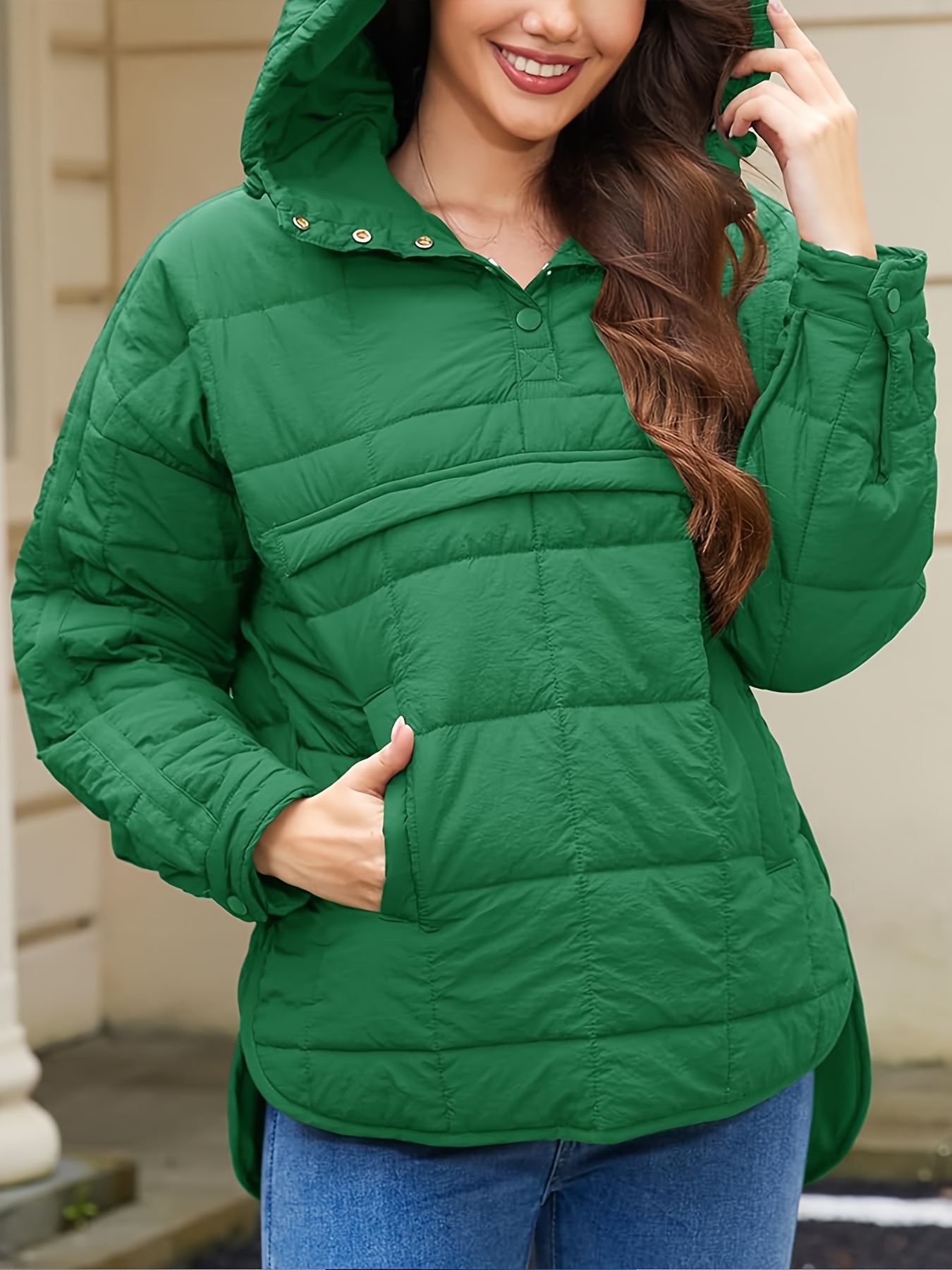 European And American Minimalist Style Plus-size Winter New Top, Hooded Pullover Basic Design, Half-open Snap Button Closure, Small Side Slits, Everyday Versatile Anti-cotton Jacket