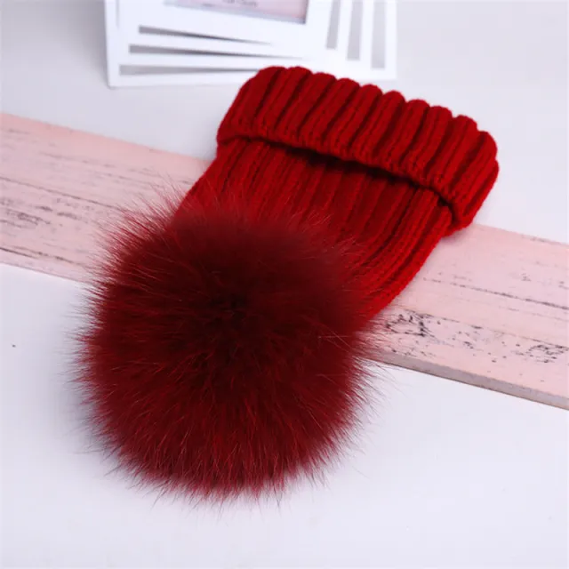 Oversized Warm Real Raccoon Fox Fur Ball Wool Hat Wine Red - Shop at LoveMi