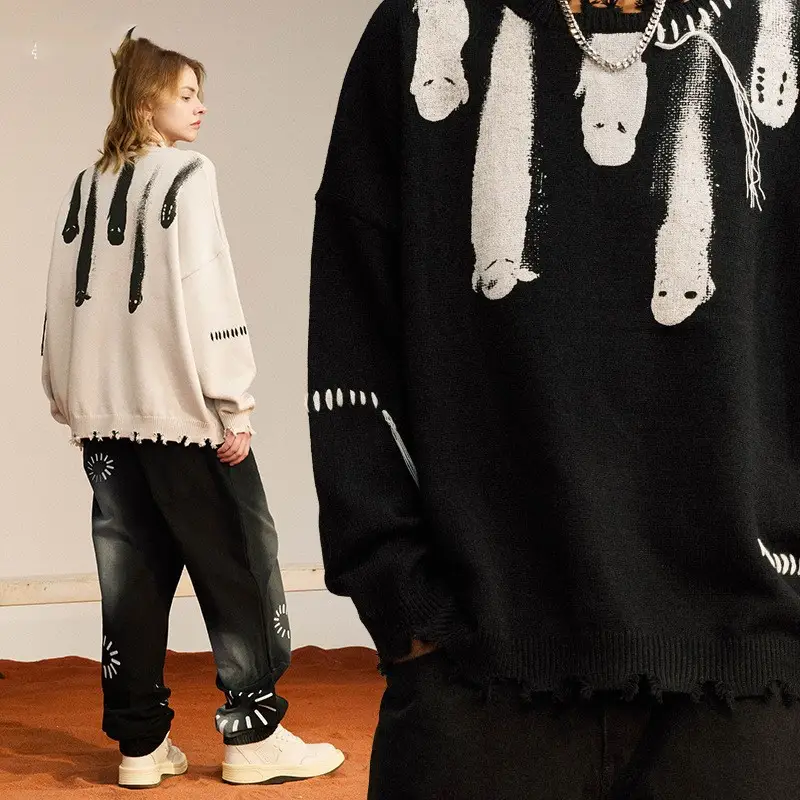 CREW NECK KNIT Collar Fringe Printed Wool Top