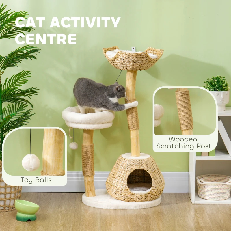 Cat Tree For Indoor Cats With Wooden Cat Scratching Posts, Cat Condo, Cat Beds & Toy Balls, Cream White