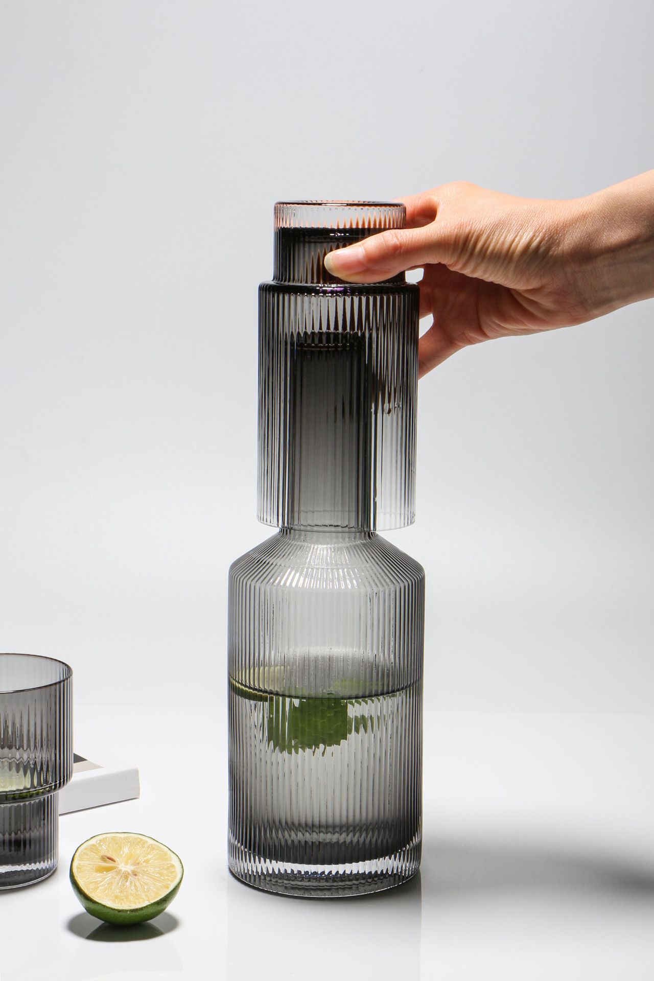 Wholesale Household Ins Japanese Style Simple Dense Ribbed Soot Vertical Stripes Crystal Glass Cold Kettle Water Cup Set