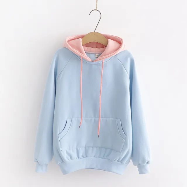 Long sleeved Color blocking Hooded Sweater Women's Jacket Plus Velvet Sweater Light Blue - Shop at LoveMi