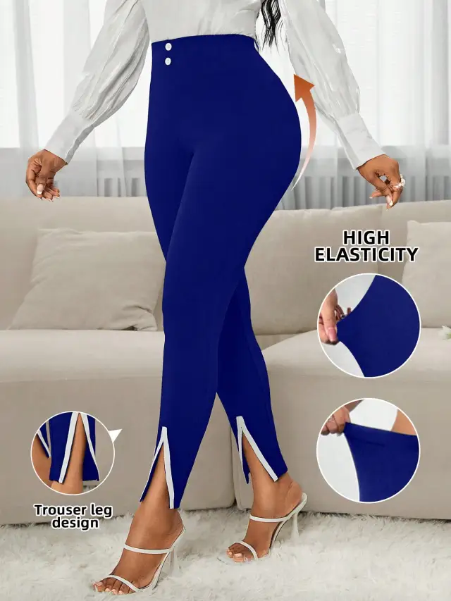 Women Elegant Contrast Color Split Hem Slim Fit Pants Blue - Shop at LoveMi