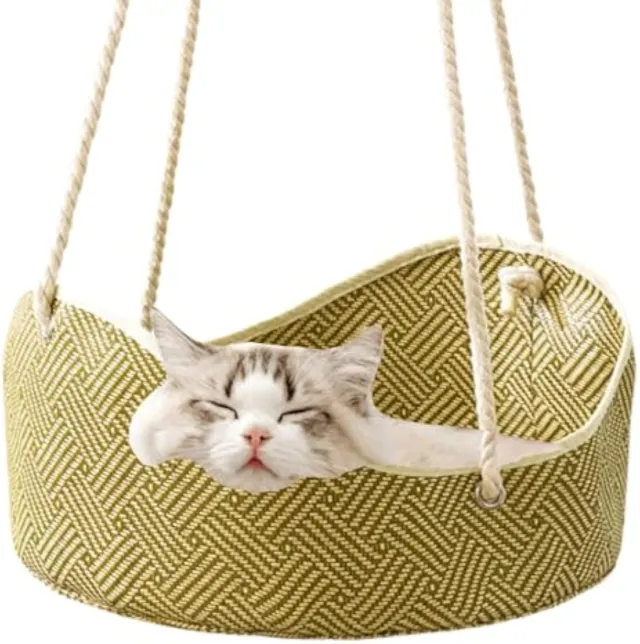 Breathable Cat Hammock Rattan Crafted Cat Cage With Metal Hooks Indoor Outdoor Pet Bed Comfortable Cat Perch For Sleeping Playing Climbing, An... Green - Shop at LoveMi