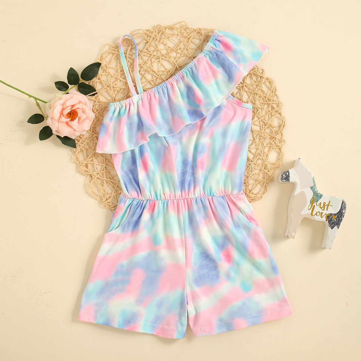 Girls' Tie-dye One-shoulder Ruffled Sling Shorts