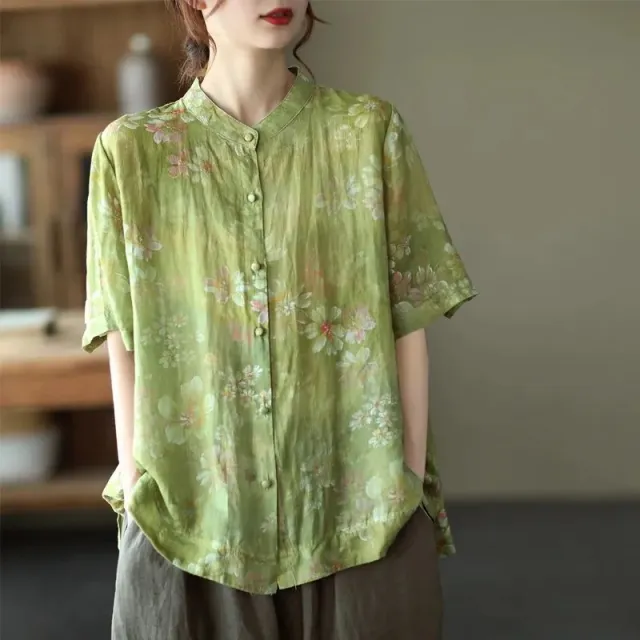 Vintage Digital Printed Cotton Linen Blouse For Women Green - Shop at LoveMi