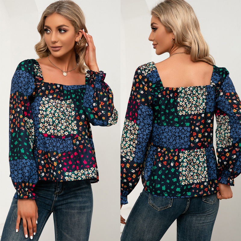 Square Neck Ruffle Sleeve Small Floral Casual Shirt Top