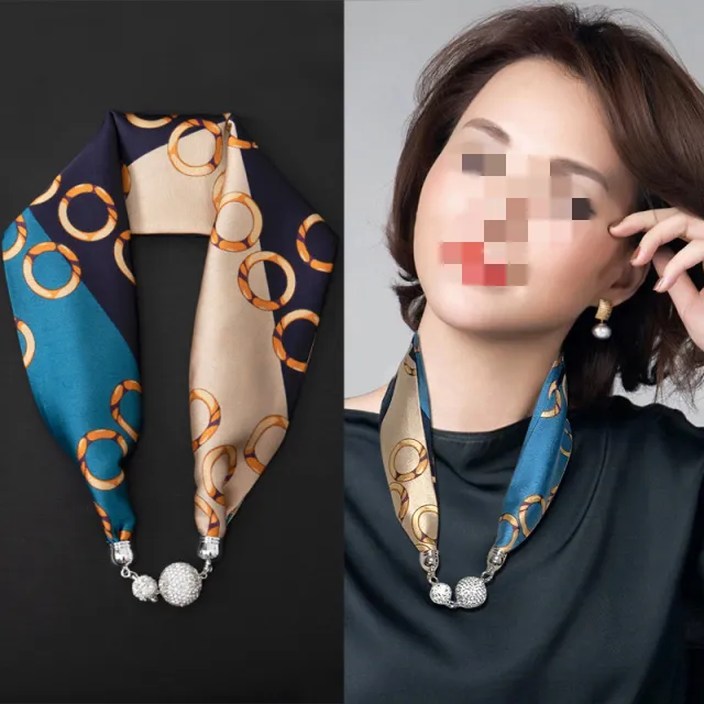 Magnetic Buckle Silk Women Scarf Pearl Necklace Gold With Blue - Shop at LoveMi
