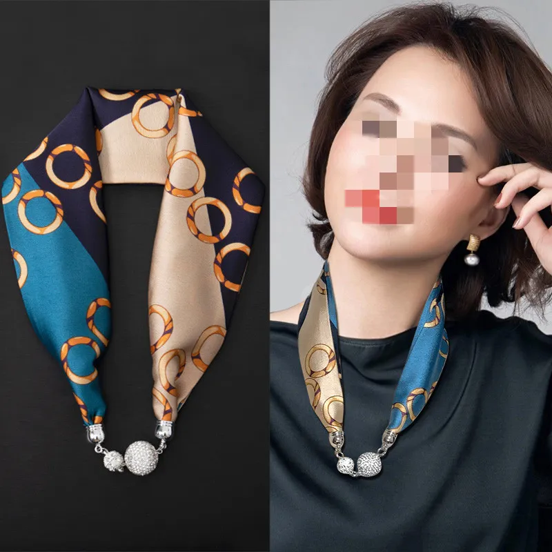 Magnetic Buckle Silk Women Scarf Pearl Necklace - Gold With Blue