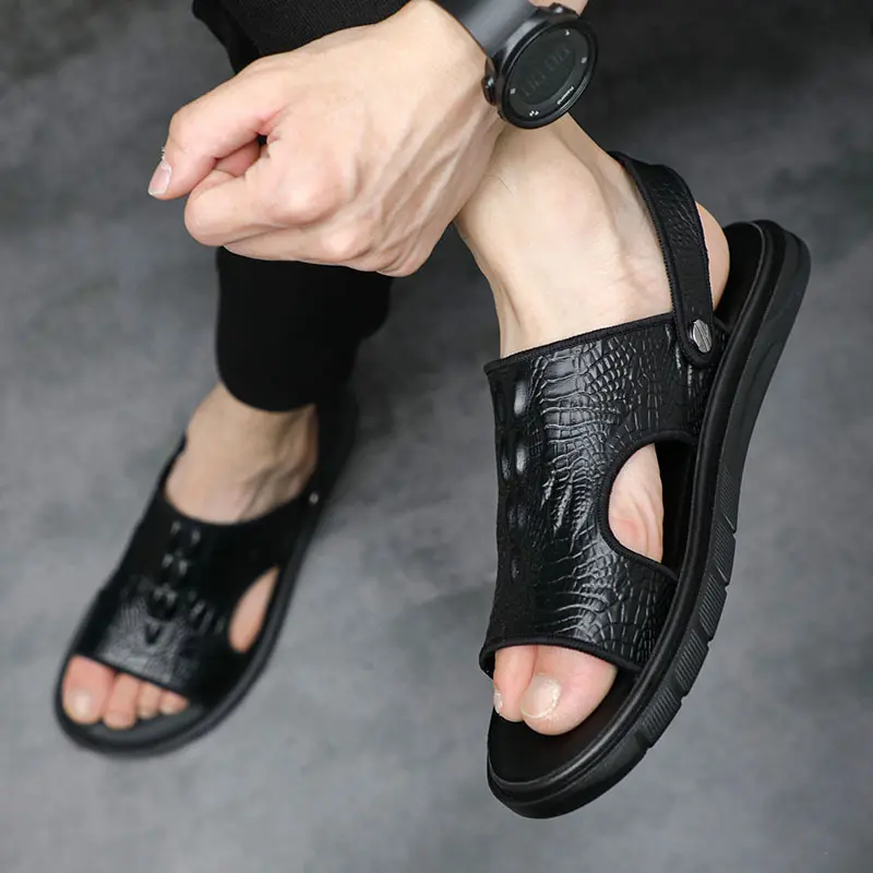 Men's Beach Shoes Leather Outdoor Sandals Pattern European Fashion