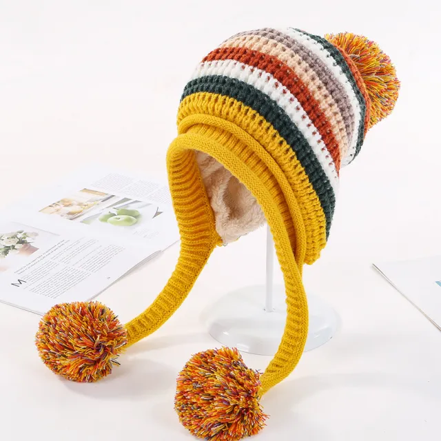 Two Layers Earflap Hat Fleece Lined Colorful Big Ball Skullies Beanies Yellow - Shop at LoveMi