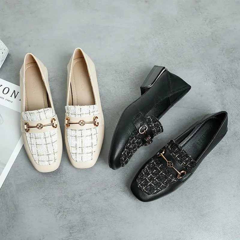 Stitching Color Round Toe Shoes Retro British Style Horsebit