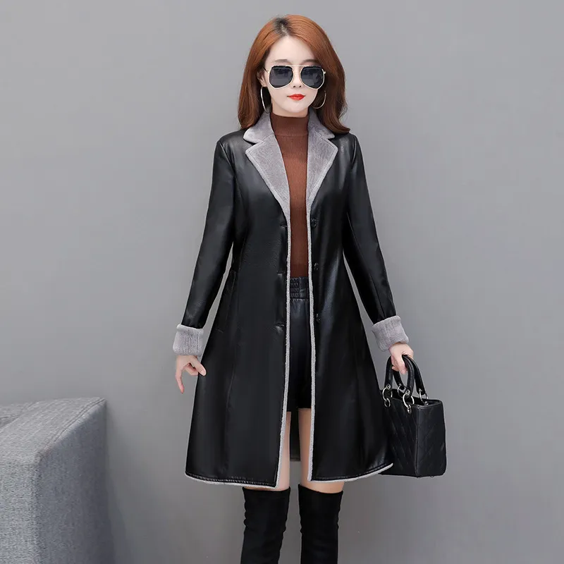 Thin Plus Velvet Thick Pu Leather Trench Coat - Black