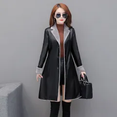 Thin Plus Velvet Thick Pu Leather Trench Coat - Black - View 1