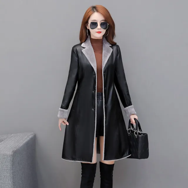 Thin Plus Velvet Thick Pu Leather Trench Coat Black - Shop at LoveMi