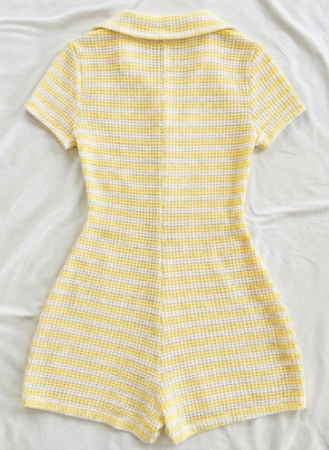 Polo Collar Yellow White Plaid Short Sleeve Romper