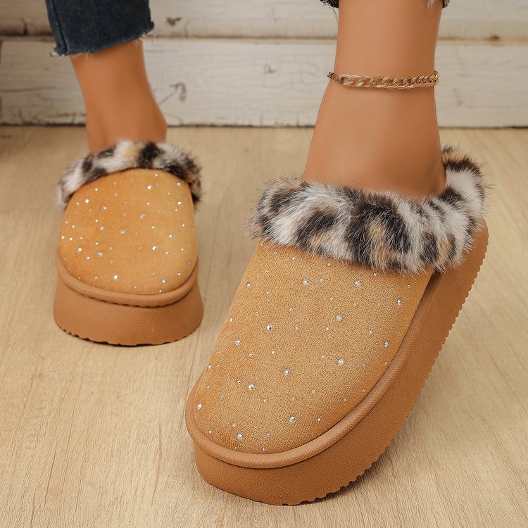 Women's Platform Thickened Plush Snow Boots, 2026 Autumn Winter New Arrival Fashionable Rhinestone Outdoor Wear Cotton Padded Slippers
