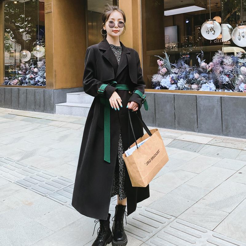 Women's Long Suit Collar Hit Color Windbreaker Women Black Double Breasted