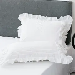 Pure White Cotton Twill Pillowcase Korean-style Ruffled Princess Style Pair - White - View 1