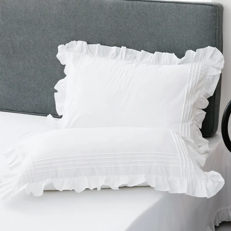 Pure White Cotton Twill Pillowcase Korean-style Ruffled Princess Style Pair - White
