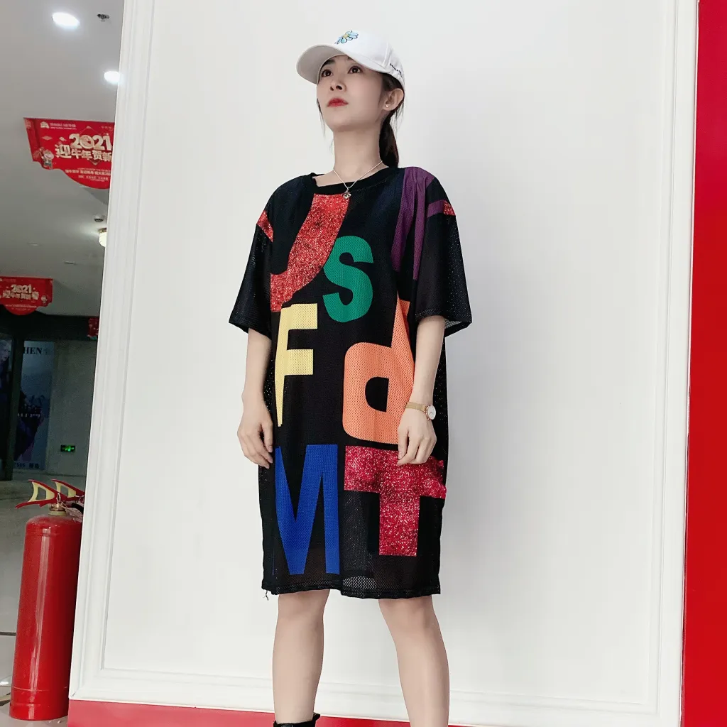 Short Sleeved Loose Fitting Oversized Summer Breathable T-shirt Dress - Colorful Letter Black
