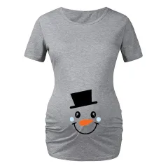 Christmas Cartoon Snowman Print Maternity Dress Summer Plus Size Maternity Short-sleeved T-shirt - Grey - View 1