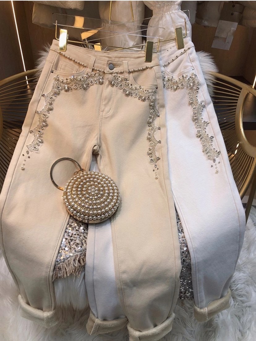 Heavy Industry Beaded High Waist Slim And Velvet Foot Pants