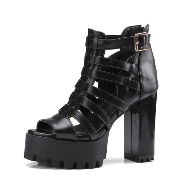 Belt Buckle Thick High Heels Shoes Black - Shop at LoveMi