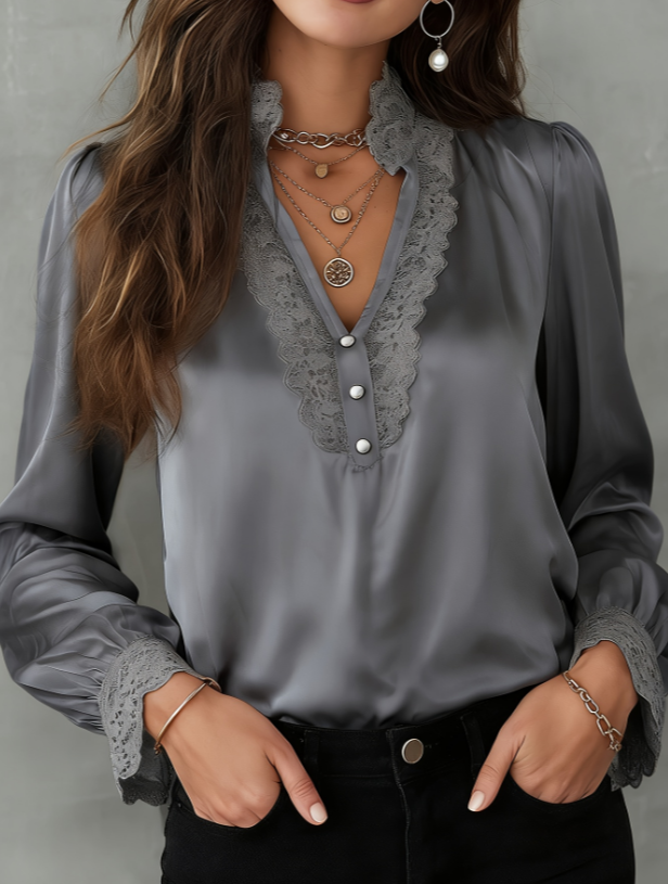 Satin Lace-trimmed V-neck Puff-sleeved Shirt