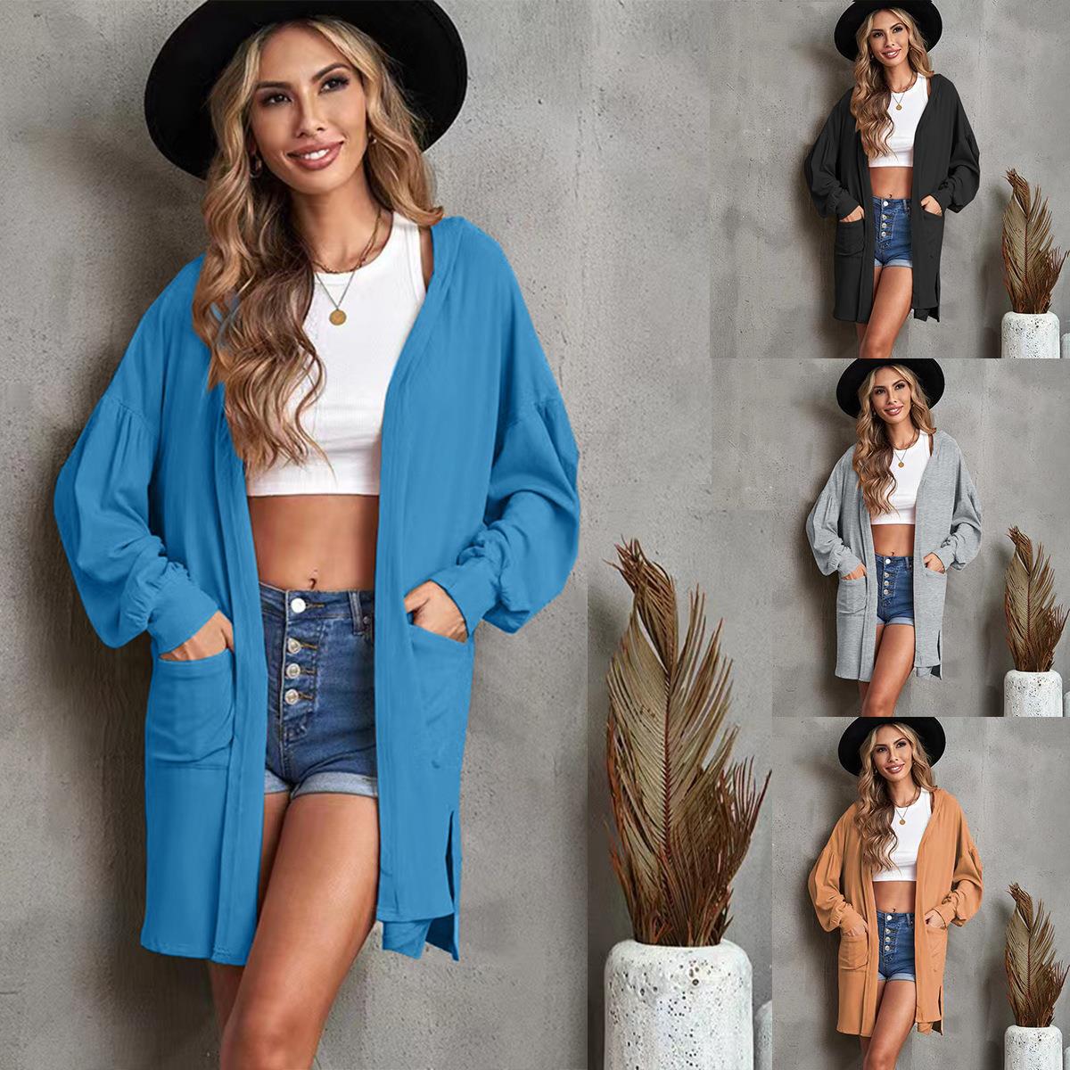 Pocket Hoodie Solid Color Long Sleeve Cardigan Women's