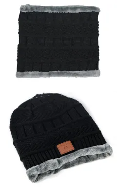 Plush Warm Bluetooth Music Bib Hat Two-piece Set - Black - View 1
