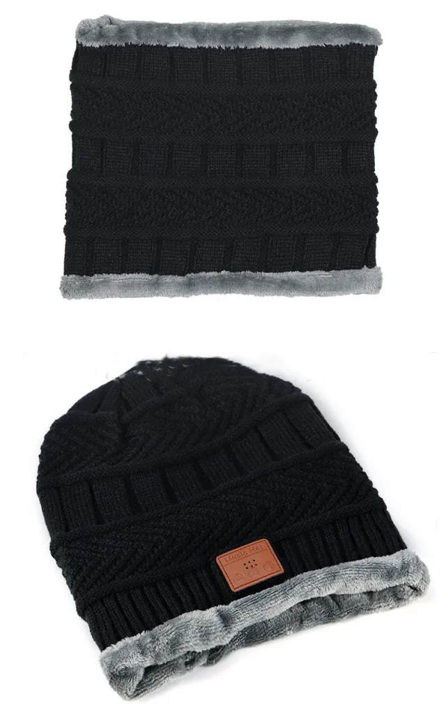 Plush Warm Bluetooth Music Bib Hat Two piece Set Black - Shop at LoveMi