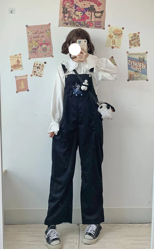 Autumn And Winter Japanese Girls Cute Corduroy Overalls Embroidery Pattern Black - Shop at LoveMi