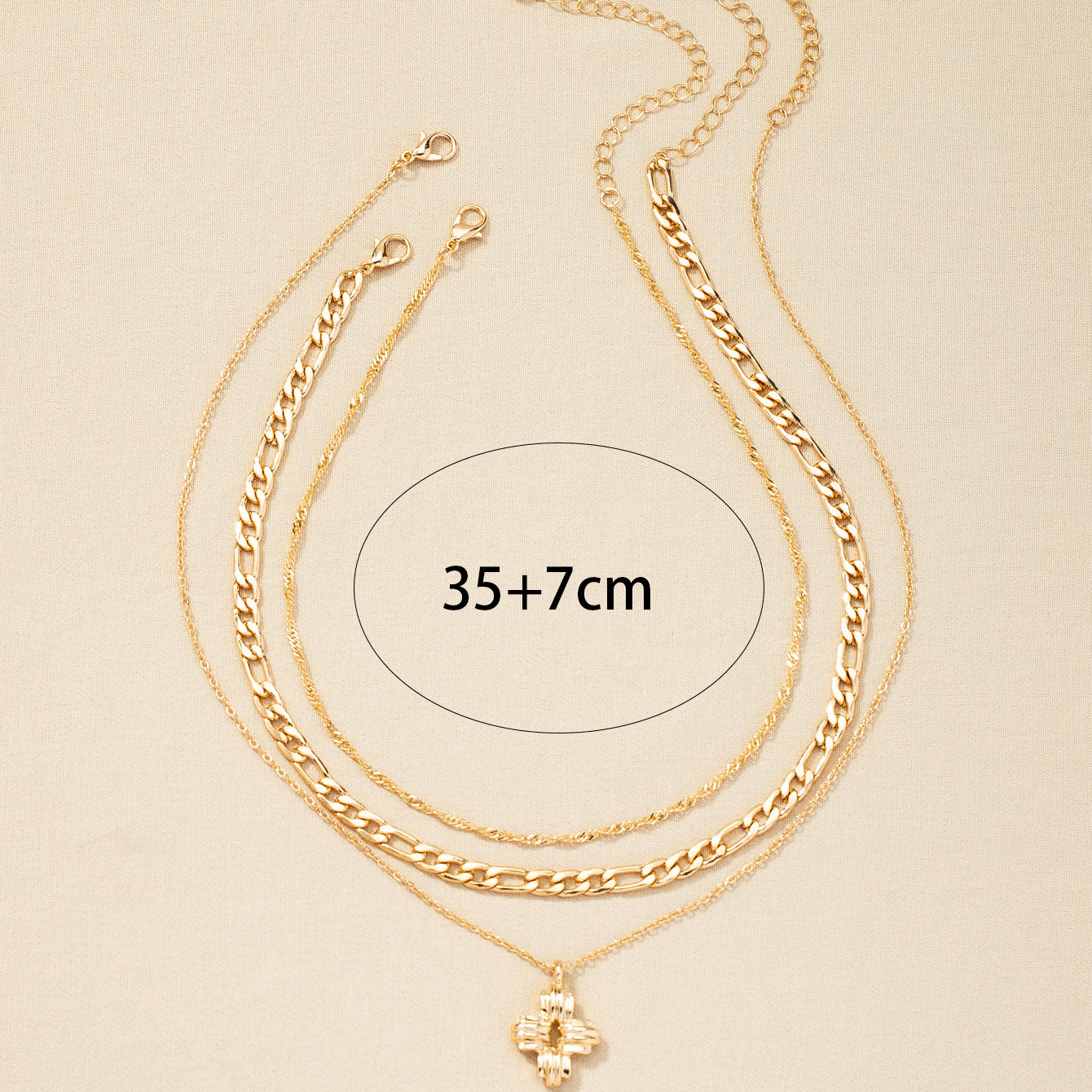 3 Metal Hip-hop Multi-layer Texture Necklace Set