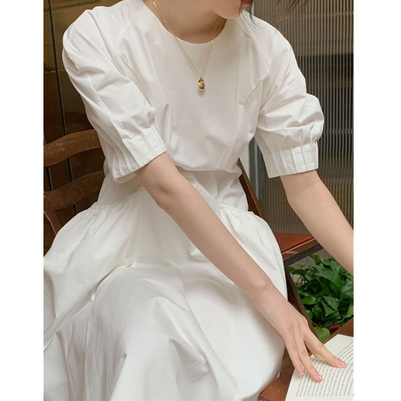 French Temperament Waist White Puff Sleeve Dress