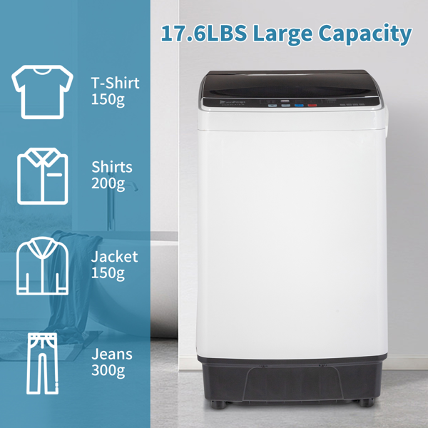 Full-Automatic Washing Machine Top Load Portable Compact Laundry Washer Spin With Drain Pump,10 Programs 8 Water Level Selections With LED Display 17.8 Lbs Capacity, Black image 12