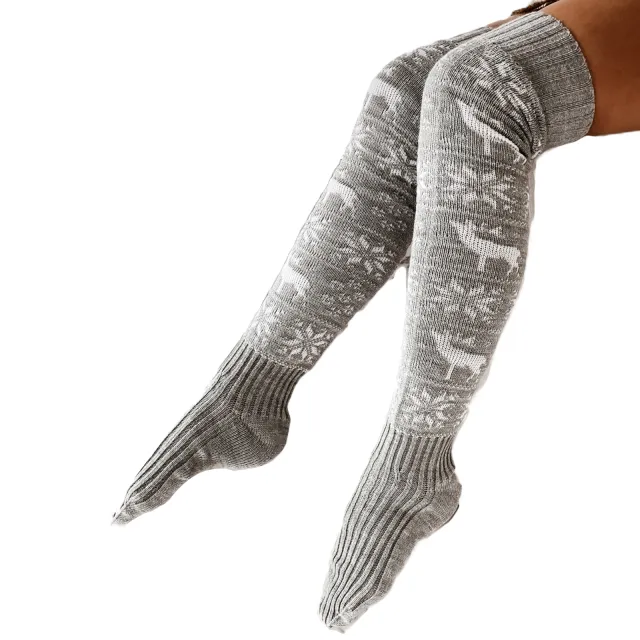 Women Long Socks Christmas Women Knitted Cotton Woolen Stocking Warm Thigh High Over The Knee Cute Deer Printing Socks Twist Cable Crochet Gray - Shop at LoveMi