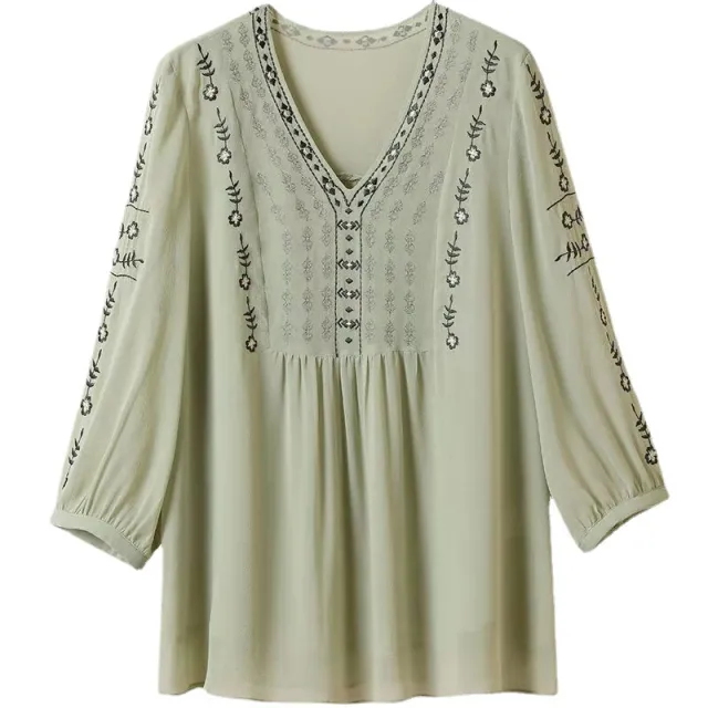 Embroidered V Neck Design Chic Loose Top Light Green - Shop at LoveMi