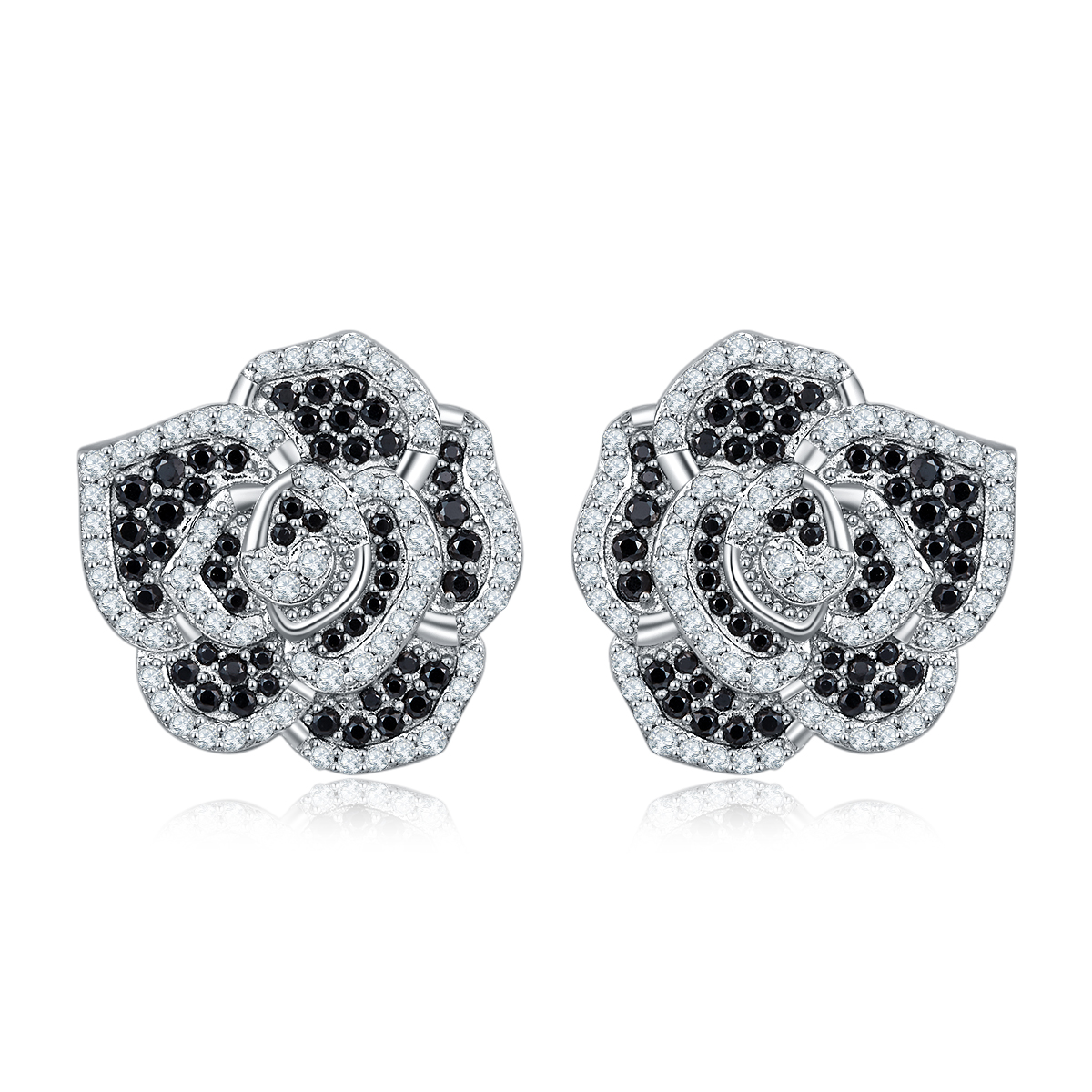 S925 Sterling Silver Black & White Rose Stud Earrings, D-VVS1 Moissanite Pave Flower, Platinum Plated 3.4g, Women's Jewelry Gift Box