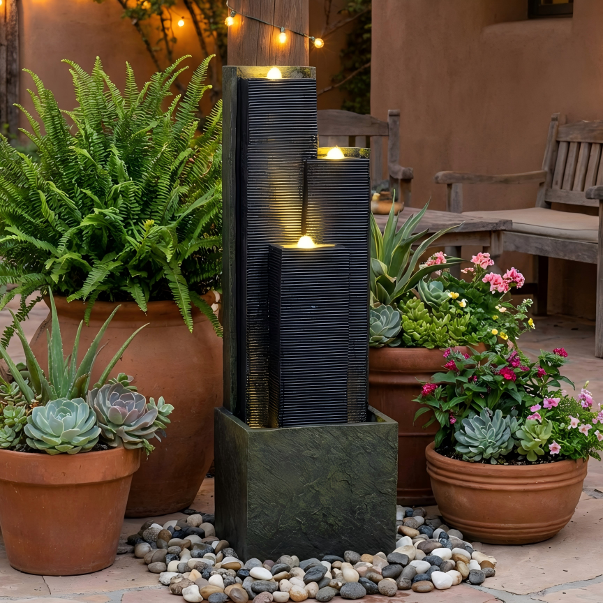 39inch H Outdoor Water Fountain Modern Cascading Freestanding Fountain With LED Lights For Garden Patio Porch Lawn Decor — foto 3