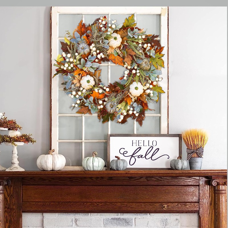 45CM Artificial Wreath Garland Fall Maple Leaf Pumpkin Door