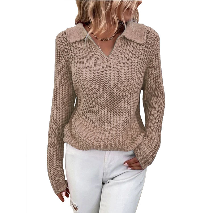 Women's Lapel Solid Color Round Neck Knitted Sweater