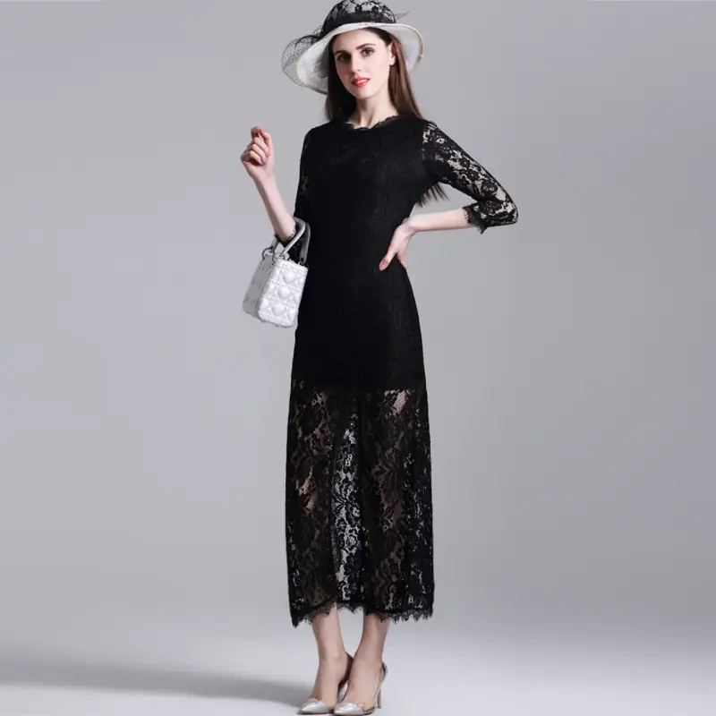 Round Neck Five-Quarter Sleeves Split Fishtail Crocheted Hollow Lace Dress