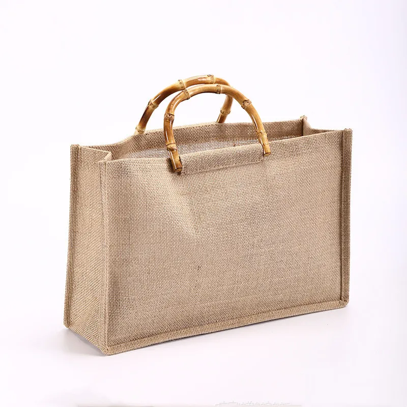 Ladies Simple Bamboo Handle Cotton Linen Tote Bag - White