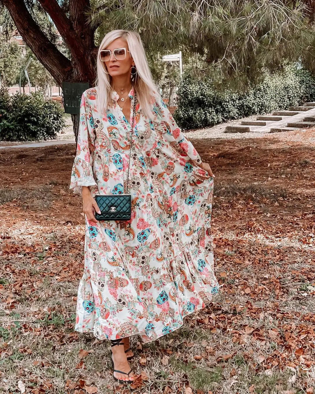 Halloween Skull V Neck Print Loose Dress